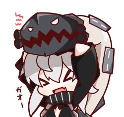 Rule 34 | &gt; &lt;, 10s, 1girl, abyssal ship, arms up, chibi, closed eyes, fang, highres, kantai collection, monster, nuu (nu-nyu), open mouth, re-class battleship, scarf, sharp teeth, silver hair, sleeves past wrists, solo, tail, teeth, turret