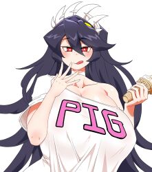 Rule 34 | 1girl, breasts, cleavage, filia (skullgirls), food, highres, huge breasts, ice cream, ice cream cone, licking lips, looking at viewer, mannungei, red eyes, samson (skullgirls), shirt, skullgirls, tongue, tongue out, white shirt