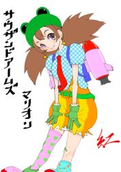 Rule 34 | 1girl, backpack, bag, belt, breasts, brown eyes, brown hair, closed mouth, earrings, gloves, hat, jewelry, long hair, looking at viewer, marion (thousand arms), simple background, single thighhigh, solo, thighhighs, thousand arms, white background