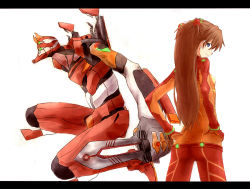 Rule 34 | 00s, 1girl, ass, blue eyes, bodysuit, brown hair, butt crack, chikuyama, dagger, eva 02, evangelion: 2.0 you can (not) advance, hands on own hips, knife, long hair, looking back, mecha, multicolored clothes, neon genesis evangelion, plugsuit, rebuild of evangelion, robot, simple background, smile, souryuu asuka langley, test plugsuit, weapon