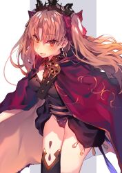 Rule 34 | 1girl, :d, asymmetrical legwear, black leotard, blonde hair, blush, bow, breasts, cape, cloak, earrings, ereshkigal (fate), fate/grand order, fate (series), hair bow, heart, heart-shaped pupils, highres, jewelry, leotard, long hair, looking at viewer, open mouth, parted bangs, red bow, red cloak, red eyes, skull, skull ornament, smile, solo, soukou makura, symbol-shaped pupils, thick thighs, thighs, tiara, two side up