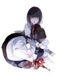 Rule 34 | 1girl, apron, arm at side, black dress, black hair, blood, blood on clothes, blood on face, blood on ground, blood on hands, blue eyes, blunt bangs, bob cut, collared dress, dress, flat chest, frilled apron, frills, from above, full body, highres, juliet sleeves, long sleeves, looking at viewer, looking to the side, looking up, maid, maid apron, nosebleed, off shoulder, original, partially unbuttoned, puffy sleeves, purple eyes, short hair, simple background, sitting, sleepless (wrysmile), sleeve cuffs, solo, waist apron, white apron, white background