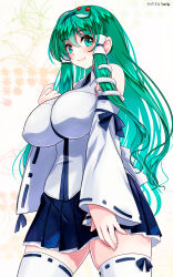 Rule 34 | 1girl, aqua eyes, blue skirt, breasts, cowboy shot, dated, detached sleeves, flower, frog hair ornament, green eyes, green hair, hair flower, hair ornament, hair tubes, hand on own thigh, hand up, highres, impossible clothes, impossible shirt, kochiya sanae, lace, lace-trimmed thighhighs, large breasts, miniskirt, nontraditional miko, pleated skirt, shirt, sidelocks, skindentation, skirt, sleeveless, sleeveless shirt, solo, sunflower, sunflower hair ornament, thick thighs, thighhighs, thighs, touhou, white thighhighs, yamaguchi yuu