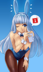Rule 34 | 1girl, animal ears, bare shoulders, blue background, blue eyes, blue hair, bow, bowtie, breast press, breasts, brown pantyhose, cleavage, detached collar, fake animal ears, female focus, gradient background, hand on leg, hime cut, holding, large breasts, leaning, leaning forward, leotard, letter, light blue hair, long hair, looking at viewer, one eye closed, pantyhose, personification, pixiv, playboy bunny, pointing, rabbit ears, smile, solo, thigh gap, whistlerx, wink, wrist cuffs
