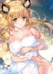 Rule 34 | 1girl, absurdres, animal ears, bare arms, bare shoulders, blonde hair, breasts, cleavage, collarbone, fingernails, green eyes, highres, large breasts, long hair, min-naraken, navel, open mouth, scan, shiny skin, simple background, solo, star (symbol), tiger ears, toranoana, towel