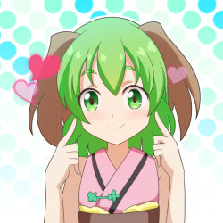 Rule 34 | 1girl, alternate costume, animal ears, arms up, bare arms, bare shoulders, cato (monocatienus), commentary, english commentary, gradient background, green eyes, green hair, heart, japanese clothes, kasodani kyouko, kimono, light blush, looking at viewer, mixed-language commentary, obi, pointing, pointing at self, polka dot, polka dot background, sash, short hair, sleeveless, sleeveless kimono, smile, solo, standing, thick eyebrows, touhou, upper body, yukata
