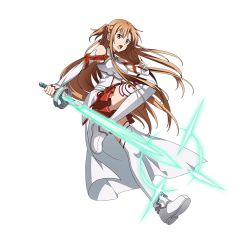 Rule 34 | 1girl, armor, asuna (sao), breastplate, brown eyes, brown hair, detached sleeves, floating hair, full body, holding, holding sword, holding weapon, leg up, miniskirt, open mouth, pleated skirt, purple eyes, red skirt, skirt, solo, sword, sword art online, thighhighs, transparent background, weapon, white thighhighs