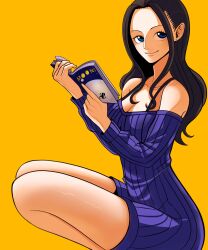 Rule 34 | 1girl, absurdres, bare legs, black hair, blue eyes, book, coolb art, dress, earrings, highres, holding, holding book, jewelry, long hair, looking at viewer, nico robin, one piece, open book, solo, squatting, sweater, sweater dress, yellow background