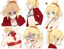 Rule 34 | 1girl, bikini, bikini top only, blonde hair, bra, breasts, embarrassed, fate/grand order, fate (series), green eyes, hairband, ica, jewelry, looking at viewer, medium hair, midriff, mordred (fate), mordred (fate) (all), mordred (fate/apocrypha), mordred (swimsuit rider) (fate), mordred (swimsuit rider) (first ascension) (fate), multiple views, necklace, red shirt, shirt, small breasts, smile, surprised, swimsuit, underwear, white background