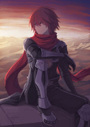 Rule 34 | 1boy, armor, armored boots, artist name, assassin cross (ragnarok online), black cape, black pants, black shirt, boots, cape, closed mouth, commentary request, desert, expressionless, foot out of frame, hair between eyes, highres, knee up, long bangs, looking afar, male focus, natsuya (kuttuki), orange sky, outdoors, pants, pauldrons, ragnarok online, red eyes, red hair, red scarf, sand dune, scarf, shirt, short hair, shoulder armor, sitting, sky, solo, sunset, vambraces, waist cape, watermark, web address
