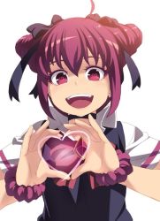 Rule 34 | 1girl, :d, bad id, bad twitter id, black border, border, buck teeth, character request, double bun, hair bun, hands up, heart, heart-shaped pupils, heart hands, looking at viewer, open mouth, precure, red eyes, red hair, scrunchie, short hair, short sleeves, simple background, smile, solo, symbol-shaped pupils, tasaka shinnosuke, teeth, white background, wrist scrunchie