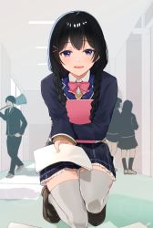 Rule 34 | 1girl, absurdres, beige cardigan, black hair, black jacket, black skirt, blazer, bow, bowtie, braid, brown footwear, cardigan, collared shirt, frilled skirt, frills, hair ornament, hairclip, hallway, highres, holding, holding paper, jacket, katetawa, loafers, looking at viewer, low twintails, nijisanji, on one knee, open mouth, paper, pink neckwear, plaid, plaid skirt, pleated skirt, purple eyes, school uniform, shirt, shoes, skirt, solo focus, thighhighs, tsukino mito, tsukino mito (1st costume), twin braids, twintails, virtual youtuber, white shirt, white thighhighs, window