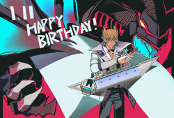 Rule 34 | 1boy, absurdres, black pants, blonde hair, card, closed mouth, coat, commentary request, cowboy shot, dated, dragon, dragoncrest, duel disk, duel monster, hair between eyes, happy birthday, highres, holding, holding card, huge filesize, jack atlas, looking at viewer, pants, purple eyes, red dragon archfiend, shirt, short hair, smile, spiked hair, standing, white coat, white shirt, yu-gi-oh!, yu-gi-oh! 5d&#039;s