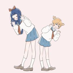 Rule 34 | 10s, 2girls, :d, arms up, blouse, blue hair, blue sailor collar, blue skirt, blush, bow, brown footwear, brown hair, claw pose, closed eyes, full body, hair bow, hair ornament, hair scrunchie, kneehighs, kurumi4186399, leaning to the side, loafers, long sleeves, looking at viewer, multiple girls, necktie, open mouth, pink background, pipimi, pleated skirt, poptepipic, popuko, red bow, red neckwear, sailor collar, school uniform, scrunchie, serafuku, shirt, shoes, short hair, simple background, skirt, smile, socks, two side up, v-shaped eyebrows, white legwear