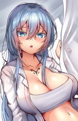 Rule 34 | 1girl, akame ga kill!, artist name, bandeau, between breasts, blue eyes, blue hair, blush, breasts, collarbone, collared shirt, commentary, crop top, curtain grab, curtains, esdeath, frown, hair between breasts, hair between eyes, highres, kaptivate, large breasts, long hair, looking at viewer, navel, open clothes, open mouth, open shirt, shirt, solo, stomach, tattoo, upper body, white shirt