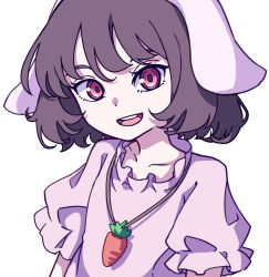 Rule 34 | 1girl, :d, absurdres, black hair, carrot necklace, dress, eyebrows hidden by hair, floppy ears, highres, inaba tewi, jewelry, kame (kamepan44231), looking at viewer, necklace, one-hour drawing challenge, open mouth, pink dress, red eyes, short hair, short sleeves, simple background, smile, solo, touhou, upper body, white background