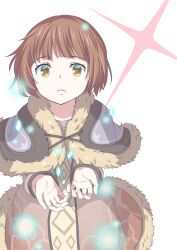 Rule 34 | 1girl, :o, brown coat, brown eyes, brown hair, character request, coat, fur coat, glowing, long sleeves, looking at viewer, mizuki riko, open mouth, short hair, solo, white background, xenoblade chronicles (series), xenoblade chronicles 2, xenoblade chronicles 2: torna - the golden country