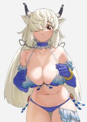 Rule 34 | 1girl, bare shoulders, bikini, blue bikini, blue choker, blue gloves, breasts, brown eyes, choker, cleavage, collarbone, commentary, cosplay, cowboy shot, elbow gloves, extra ears, frilled bikini, frilled choker, frilled gloves, frills, gloves, grey background, hair over one eye, highres, kemono friends, large breasts, long hair, low twintails, midriff, navel, one eye covered, ox ears, ox girl, ox horns, ox tail, parted lips, sidelocks, simple background, solo, steller&#039;s sea cow (kemono friends), steller&#039;s sea cow (kemono friends) (cosplay), swimsuit, tanabe (fueisei), thigh gap, twintails, white hair, yak (kemono friends)