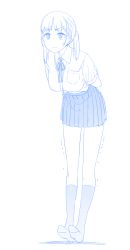 Rule 34 | &gt;:(, 1girl, arms behind back, balancing, bent over, blue theme, collared shirt, frown, full body, himura kiseki, monochrome, original, pleated skirt, pocket, ribbon, school uniform, shirt, short hair, short sleeves, simple background, skirt, socks, solo, sweatdrop, trembling, twintails, v-shaped eyebrows, white background