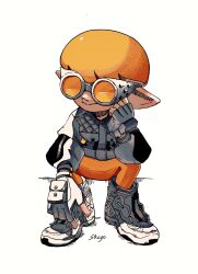 Rule 34 | 1boy, artist name, breast pocket, buttons, clenched hand, fingerless gloves, full body, gloves, goggles, grey-framed eyewear, hand up, head rest, highres, inkling, inkling boy, inkling player character, jacket, looking to the side, male focus, nintendo, orange-tinted eyewear, orange hair, orange leggings, pocket, pointy ears, shoes, shogo (shogo70449442), short hair, signature, simple background, sitting, solo, splatoon (series), spread legs, tinted eyewear, white background, white footwear, white gloves, white jacket