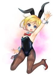 Rule 34 | 1girl, animal ears, arcana heart, arm up, armpits, black leotard, blonde hair, blue eyes, bow, bowtie, brown pantyhose, detached collar, dorothy albright, full body, highres, leotard, pantyhose, playboy bunny, rabbit ears, rabbit tail, red bow, red bowtie, short hair, smile, solo, strapless, strapless leotard, tail, thighband pantyhose, traditional bowtie, wrist cuffs, yashin (yasinz)
