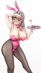 Rule 34 | 1girl, animal ears, areola slip, arm up, armpits, bare arms, bare shoulders, black pantyhose, blush, bow, bowtie, breasts, cleavage, commentary, detached collar, fake animal ears, green eyes, grey hair, hair between eyes, hairband, highres, large breasts, leotard, lomocya, medium hair, original, pantyhose, pink bow, pink bowtie, pink leotard, playboy bunny, rabbit ears, sex toy, simple background, smile, solo, standing, symbol-only commentary, thighs, tray, vibrator, white background, wrist cuffs