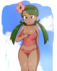 Rule 34 | 1girl, :o, bare arms, bare shoulders, blush, breasts, cleavage, clothes pull, cloud, collarbone, covered erect nipples, cowboy shot, creatures (company), crop top, dark-skinned female, dark skin, dot nose, eyebrows, female focus, flower, game freak, green eyes, green hair, green hairband, groin, hair flower, hair ornament, hairband, hand up, highres, hip focus, long hair, low twintails, mallow (pokemon), medium breasts, navel, nintendo, outdoors, panties, pink panties, pink shirt, pokemon, pokemon sm, robert m, shiny skin, shirt, shirt pull, sky, sleeveless, sleeveless shirt, solo, standing, strapless, strapless shirt, sweat, swept bangs, thighs, trial captain, twintails, underwear, white background