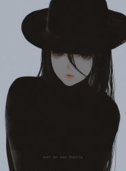 Rule 34 | 1girl, aoi ogata, artist name, black eyes, black hair, black hat, black shirt, clip studio paint (medium), closed mouth, commentary, english commentary, english text, grey background, hair between eyes, hat, highres, long hair, original, red lips, shirt, simple background, solo, upper body, very long hair