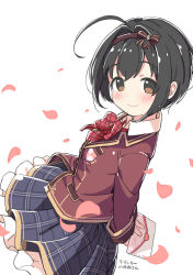 Rule 34 | 1girl, ahoge, arms behind back, black hair, blue skirt, blush, bow, bowtie, breasts, brown eyes, brown jacket, brown ribbon, closed mouth, dot nose, falling petals, from side, hair bow, holding, holding letter, idolmaster, idolmaster cinderella girls, idolmaster cinderella girls starlight stage, jacket, kohinata miho, kuresuku (lessons), letter, long sleeves, looking at viewer, love letter, medium breasts, petals, plaid, plaid bow, plaid bowtie, plaid skirt, pleated skirt, red bow, red bowtie, ribbon, shirt, short hair, simple background, skirt, smile, solo, white background, white shirt