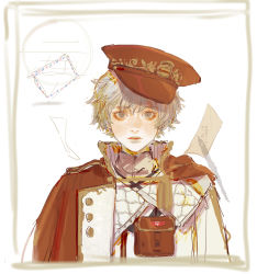 Rule 34 | 1boy, cape, closed mouth, freckles, grey eyes, grey hair, hat, highres, letter, looking at viewer, male focus, original, peaked cap, pouch, red cape, red cat, sankomichi, short hair, solo, tassel, upper body