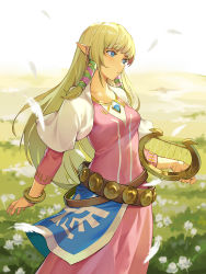 Rule 34 | 1girl, belt, blonde hair, blue eyes, blunt bangs, bracelet, breasts, brown belt, capelet, collarbone, commentary, cowboy shot, dress, feathers, field, flower, flower field, grass, harp, highres, holding, holding instrument, instrument, jewelry, long hair, long sleeves, looking to the side, lyre, nintendo, outdoors, parted lips, pink dress, pointy ears, princess zelda, ribbon, shop p, sidelocks, small breasts, solo, standing, the legend of zelda, the legend of zelda: skyward sword, white capelet, white flower