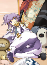 Rule 34 | 1girl, ar tonelico, ar tonelico iii, ass, bodysuit, braid, from behind, looking back, lying, on side, purple eyes, purple hair, shiny clothes, short hair, skin tight, solo, stuffed animal, stuffed toy, tilia (ar tonelico)