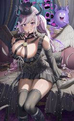 Rule 34 | 1girl, black dress, black nails, black thighhighs, braid, breasts, cleavage, couch, crown, curtains, dress, feathered wings, fingerless gloves, frilled skirt, frills, ghost, gloves, hair ornament, highres, horns, large breasts, long hair, master detective archives: rain code, multicolored hair, purple eyes, purple hair, shinigami (ghost) (rain code), shinigami (rain code), silvertsuki, skirt, smile, thighhighs, thighs, twin braids, white hair, wings, zettai ryouiki