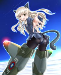 Rule 34 | 00s, 1girl, animal ears, ass, blonde hair, blush, cat ears, cat tail, cloud, glasses, long hair, looking at viewer, mushoku no hourousha, night, open mouth, panties, panties under pantyhose, pantyhose, perrine h. clostermann, reaching, shooting star, sky, smile, solo, star (symbol), strike witches, striker unit, tail, thighs, underwear, uniform, world witches series, yellow eyes