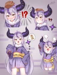 Rule 34 | !?, 1girl, ?, ??, absurdres, ahoge, angry, braid, demon horns, egasumi, fur collar, headpat, highres, hololive, horns, japanese clothes, kimono, la+ darknesss, looking at viewer, miko no kamiko, multicolored hair, multiple views, obi, open mouth, pointy ears, purple background, purple hair, purple kimono, sash, signature, silver hair, simple background, sleeves past fingers, sleeves past wrists, slit pupils, speech bubble, streaked hair, striped horns, virtual youtuber, yellow eyes