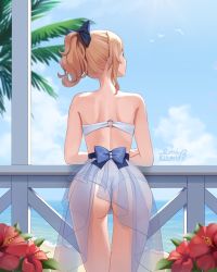 Rule 34 | 1girl, adapted costume, against railing, ass, bare back, bare shoulders, beach, bikini, bird, blonde hair, blue bow, blue sky, bow, cloud, commentary, cowboy shot, crossed arms, english commentary, flower, from behind, genshin impact, hair bow, hibiscus, jean (genshin impact), leaning forward, against railing, lilia creative, looking to the side, o-ring, o-ring top, ocean, outdoors, palm tree, ponytail, railing, red flower, revision, seagull, see-through, sidelocks, sky, solo, strapless, strapless bikini, swimsuit, tree, watermark, white bikini