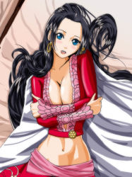 Rule 34 | 1girl, absurdres, black hair, blue eyes, blush, boa hancock, breasts, cleavage, earrings, from above, highres, jewelry, large breasts, long hair, looking at viewer, lying, midriff, miyarou (35-miya-7375), navel, on back, one piece, solo
