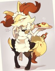Rule 34 | 1girl, akadako, animal ear fluff, animal ears, animal feet, animal nose, apron, averting eyes, back bow, bags under eyes, black dress, black fur, blush, body fur, border, bottle, bow, braixen, cherry tomato, clothed pokemon, creatures (company), dress, elbow gloves, embarrassed, fang, female focus, flat chest, food, fox ears, fox girl, fox tail, frilled apron, frilled gloves, frills, full body, furry, furry female, game freak, gen 6 pokemon, gloves, grey background, grey outline, half-closed eyes, hands up, heart, highres, holding, holding food, holding plate, ketchup, ketchup bottle, looking to the side, maid, maid apron, maid headdress, multicolored fur, name tag, neck fur, nintendo, omelet, omurice, open mouth, pigeon-toed, plate, pokedex number, pokemon, pokemon (creature), red eyes, short dress, shy, simple background, sleeveless, sleeveless dress, snout, solo, squiggle, standing, tail, tomato, tongue, white apron, white border, white fur, white gloves, yellow fur
