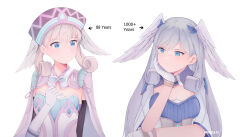 Rule 34 | 1girl, absurdres, age comparison, blue eyes, breasts, cleavage, detached sleeves, feathered wings, gloves, hand on own chest, head on hand, head wings, highres, long hair, looking at another, meidza d, melia antiqua, purple hair, small breasts, smile, white background, white gloves, wings, xenoblade chronicles (series), xenoblade chronicles 1, xenoblade chronicles 3