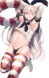 Rule 34 | 1boy, animal ears, armpits, arms behind back, ass, black headband, black neckerchief, black panties, blonde hair, blue eyes, bulge, buttons, collarbone, crop top, crossdressing, elbow gloves, eyebrows, gloves, headband, high heels, highleg, highleg panties, highres, kantai collection, lifebuoy, lips, long hair, looking to the side, male focus, mihatarou, navel, neckerchief, one eye closed, panties, parted lips, rabbit ears, red thighhighs, rensouhou-chan, rudder footwear, sailor collar, school uniform, serafuku, shimakaze-kun, shimakaze (kancolle), shimakaze (kantai collection), sidelocks, skindentation, skirt, smile, striped clothes, striped thighhighs, swim ring, thighhighs, thighs, trap, underwear, unworn skirt, very long hair, white gloves, white legwear