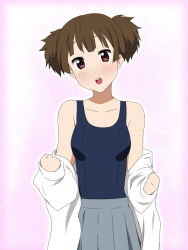 Rule 34 | 1girl, bare shoulders, blush, brown eyes, brown hair, clenched hand, clenched hands, face, head tilt, ikari manatsu, k-on!, md5 mismatch, one-piece swimsuit, open mouth, purple eyes, round teeth, school swimsuit, school uniform, short hair, solo, suzuki jun, swimsuit, swimsuit under clothes, teeth, twintails, undressing