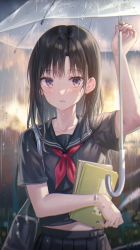 Rule 34 | 1girl, absurdres, bag, black bag, black hair, black serafuku, black shirt, black skirt, blurry, blurry background, book, brown hair, collarbone, commentary request, hand up, highres, holding, holding book, long hair, looking at viewer, neckerchief, original, outdoors, parted lips, pleated skirt, rain, red neckerchief, school bag, school uniform, serafuku, shirt, short sleeves, shoulder bag, skirt, solo, teeth, tokkyu, umbrella, wet, wet clothes