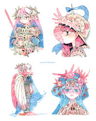 Rule 34 | 2boys, 2girls, armor, armored dress, artist name, blue cape, blue eyes, blue hair, blue ribbon, blue veil, boots, braid, cape, collage, colored eyelashes, from side, gradient hair, helmet, holding, holding sword, holding weapon, ink (medium), liquid clothes, liquid hair, maruti bitamin, multicolored hair, multiple boys, multiple girls, ocean, original, painting (medium), pink eyes, pink footwear, pink hair, profile, purple eyes, ribbon, seashell, see-through, see-through cape, see-through veil, shell, shell hair ornament, shell hat ornament, shell wings, shoulder armor, side braid, simple background, spiked shell, sword, traditional media, veil, water, watercolor (medium), weapon, white background