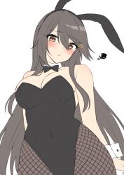 Rule 34 | 1girl, akahi242, animal ears, black bow, black bowtie, black hair, black leotard, black pantyhose, blush, bow, bowtie, breasts, brown eyes, covered navel, cowboy shot, detached collar, fake animal ears, fishnet pantyhose, fishnets, groin, hair between eyes, hair ornament, hairclip, haruna (kancolle), kantai collection, large breasts, leotard, long hair, pantyhose, playboy bunny, rabbit ears, revision, sidelocks, simple background, solo, strapless, strapless leotard, unfinished, white background, wrist cuffs
