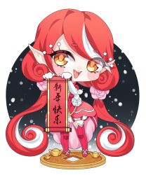 Rule 34 | 1girl, :d, camellia, chibi, chinese text, chun (xiao huaxian), circle, coin, dress, elbow gloves, fairy, flower, full body, gloves, hair flower, hair ornament, hands up, happy new year, head tilt, high-low skirt, highres, holding, holding scroll, holed coin, kumu zaisheng, long hair, looking at viewer, low twintails, multicolored hair, new year, open mouth, pink flower, pointy ears, puffy shorts, red dress, red footwear, red hair, red thighhighs, scroll, short eyebrows, shorts, smile, snow, solo, streaked hair, teeth, thighhighs, twintails, upper teeth only, very long hair, white background, white gloves, white hair, xiao huaxian, yellow eyes, yuanbao