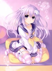 Rule 34 | 10s, 1girl, absurdres, bad id, bad yandere id, between legs, blush, bug, butterfly, choujigen game neptune mk2, collar, collarbone, cushion, d-pad, dress, flower, full body, gradient background, hair ornament, hand between legs, highres, insect, kneehighs, long hair, long sleeves, looking at viewer, neckerchief, nepgear, neptune (series), official art, own hands together, purple eyes, purple hair, purple thighhighs, sailor dress, school uniform, seiza, serafuku, sitting, smile, socks, solo, striped clothes, striped socks, striped thighhighs, thigh strap, thighhighs, tsunako, v arms, wariza