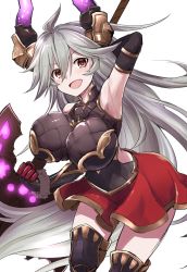 Rule 34 | ahoge, arm up, armor, armored dress, armpits, axe, battle axe, breasts, clenched hand, collar, draph, energy, granblue fantasy, grey hair, highres, horns, huge breasts, kokutou nikke, long hair, open mouth, orange eyes, polearm, red skirt, skirt, smile, threo (granblue fantasy), very long hair, weapon, wristband