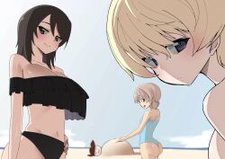 Rule 34 | 3girls, 4girls, absurdres, aki (girls und panzer), ass, beach, bikini, black bikini, blonde hair, blue eyes, blue one-piece swimsuit, blue sky, blurry, blurry background, breasts, brown eyes, brown hair, closed mouth, commentary, day, depth of field, frilled bikini, frills, girls und panzer, green eyes, hand on own hip, highres, horizon, large breasts, light brown hair, long hair, looking at viewer, looking back, low twintails, mika (girls und panzer), mikko (girls und panzer), mochi (mochiokomet), multiple girls, navel, no headwear, off-shoulder bikini, off shoulder, one-piece swimsuit, one-piece thong, open mouth, outdoors, parted lips, short hair, short twintails, sky, smile, standing, strapless, strapless one-piece swimsuit, swimsuit, twintails