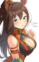 Rule 34 | 1girl, animal ears, bare shoulders, blue eyes, blush, breasts, brown hair, cleavage, commentary request, el condor pasa (kukulkan monk) (umamusume), el condor pasa (umamusume), hair between eyes, hand up, high ponytail, hirota fruit, horse ears, long hair, looking at viewer, medium breasts, official alternate costume, parted lips, ponytail, simple background, solo, translation request, umamusume, upper body, very long hair, white background