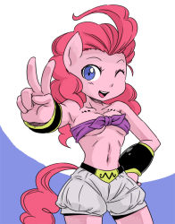 Rule 34 | 1girl, ;), ahoge, animal ears, bandeau, bare shoulders, blue eyes, bracer, breasts, colored skin, cosplay, cowboy shot, crossover, cutie mark, dragon ball, dragonball z, front-tie top, furry, furry female, hand on own hip, horse ears, horse girl, huge ahoge, long hair, majin buu, majin buu (cosplay), midriff, my little pony, my little pony: friendship is magic, navel, one eye closed, personification, pink hair, pinkie pie, shepherd0821, shorts, smile, solo, standing, strapless, tail, tube top, underboob, v, wink